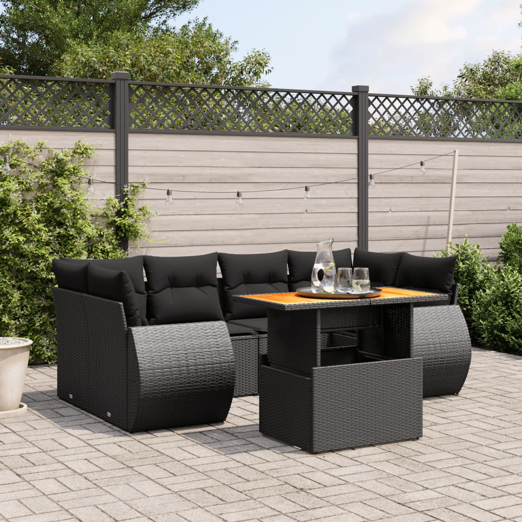 7-tlg. Garten-Sofagarnitur mit Kissen Schwarz Poly Rattan
